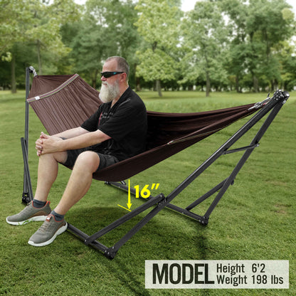 Megsu Tranquillo universal hammock set with medium stands, showcasing a black hammock ideal for relaxing outdoor or indoor spaces.