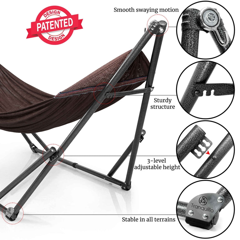 Megsu Tranquillo universal hammock full set with medium-sized stands, black fabric perfect for relaxing outdoor or indoor spaces.