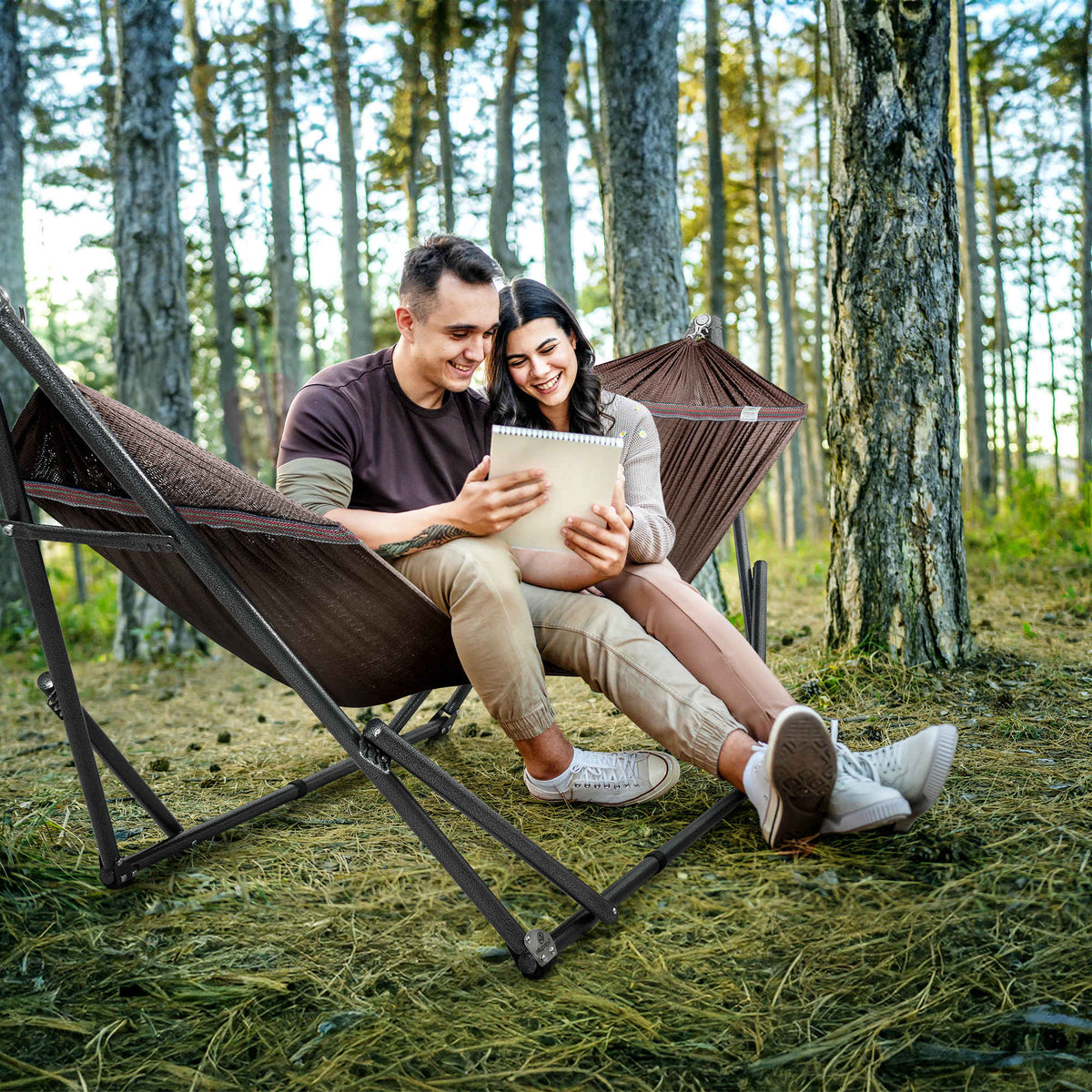 Megsu Tranquillo Universal Hammock full set with medium size stands, black fabric, perfect for relaxation and outdoor lounging.