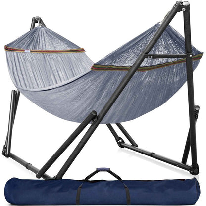 Megsu Tranquillo universal hammock set with medium stands, black fabric, perfect for relaxing outdoor or indoor lounging.