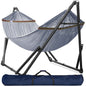 Megsu Tranquillo universal hammock set with medium stands, black fabric, perfect for relaxing outdoor or indoor lounging.