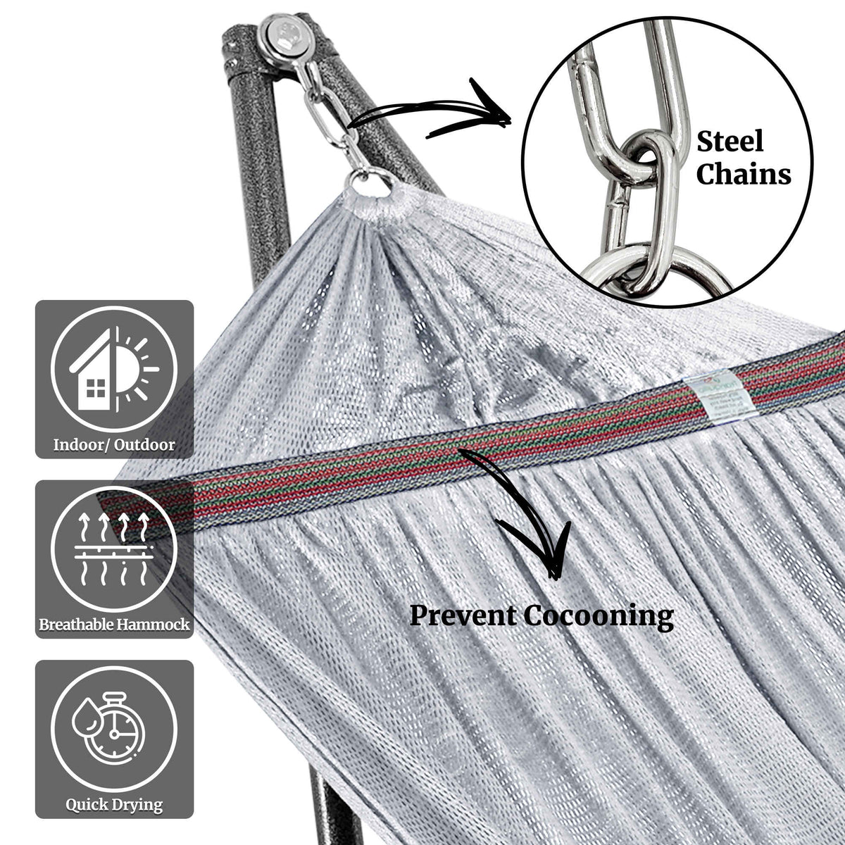 Megsu Tranquillo universal hammock full set with medium-sized stand in black, perfect for relaxing outdoor or indoor use.