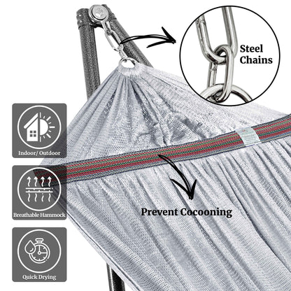 Megsu Tranquillo universal hammock full set with medium-sized stand in black, perfect for relaxing outdoor or indoor use.