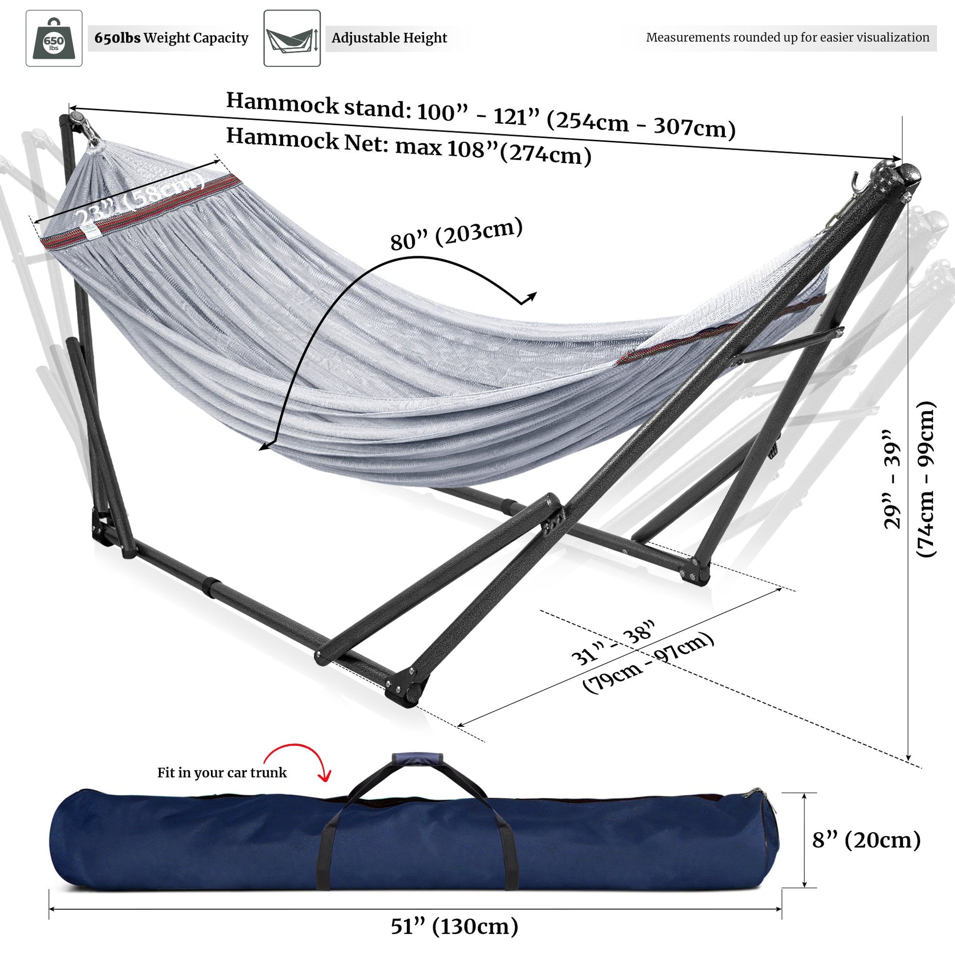 Megsu Tranquillo universal hammock set with medium stands, featuring a black hammock for relaxing outdoor or indoor use.