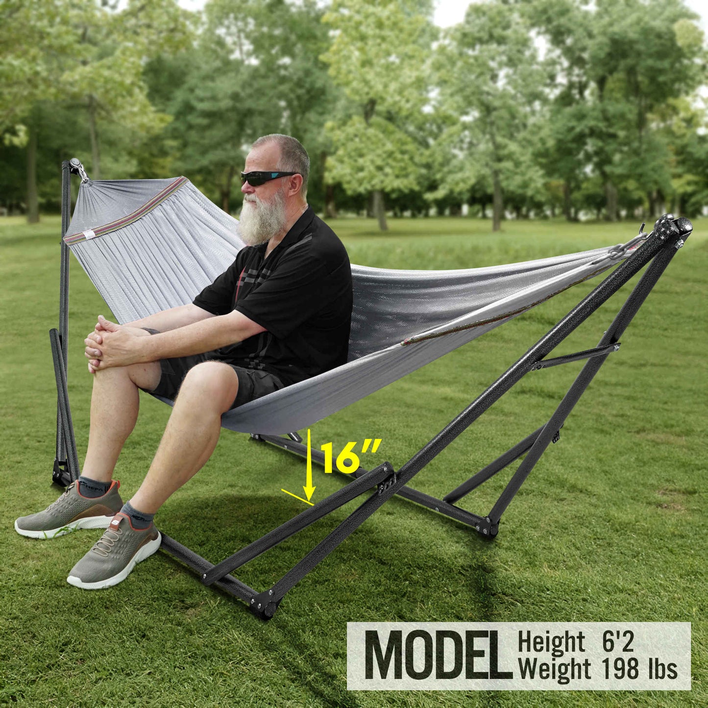 Megsu Tranquillo universal hammock full set with medium-sized stands, black fabric, perfect for relaxing outdoors or indoor use.
