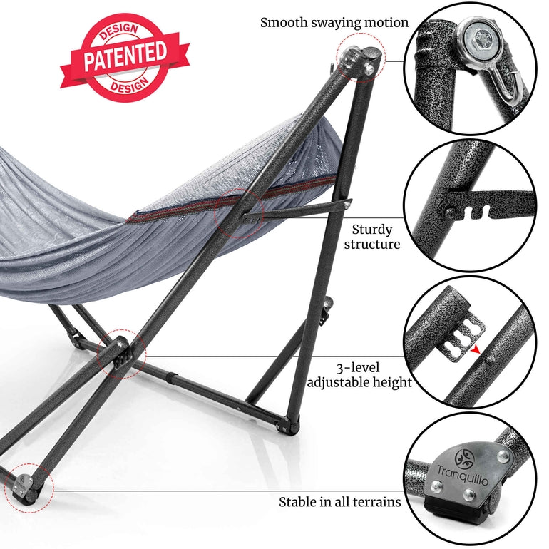 Megsu Tranquillo Universal Hammock full set with medium-sized stands, showcasing a black hammock perfect for relaxation.