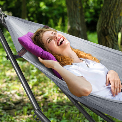 Megsu Tranquillo universal hammock full set with medium-size stand, black fabric, ideal for relaxing outdoors or indoors.