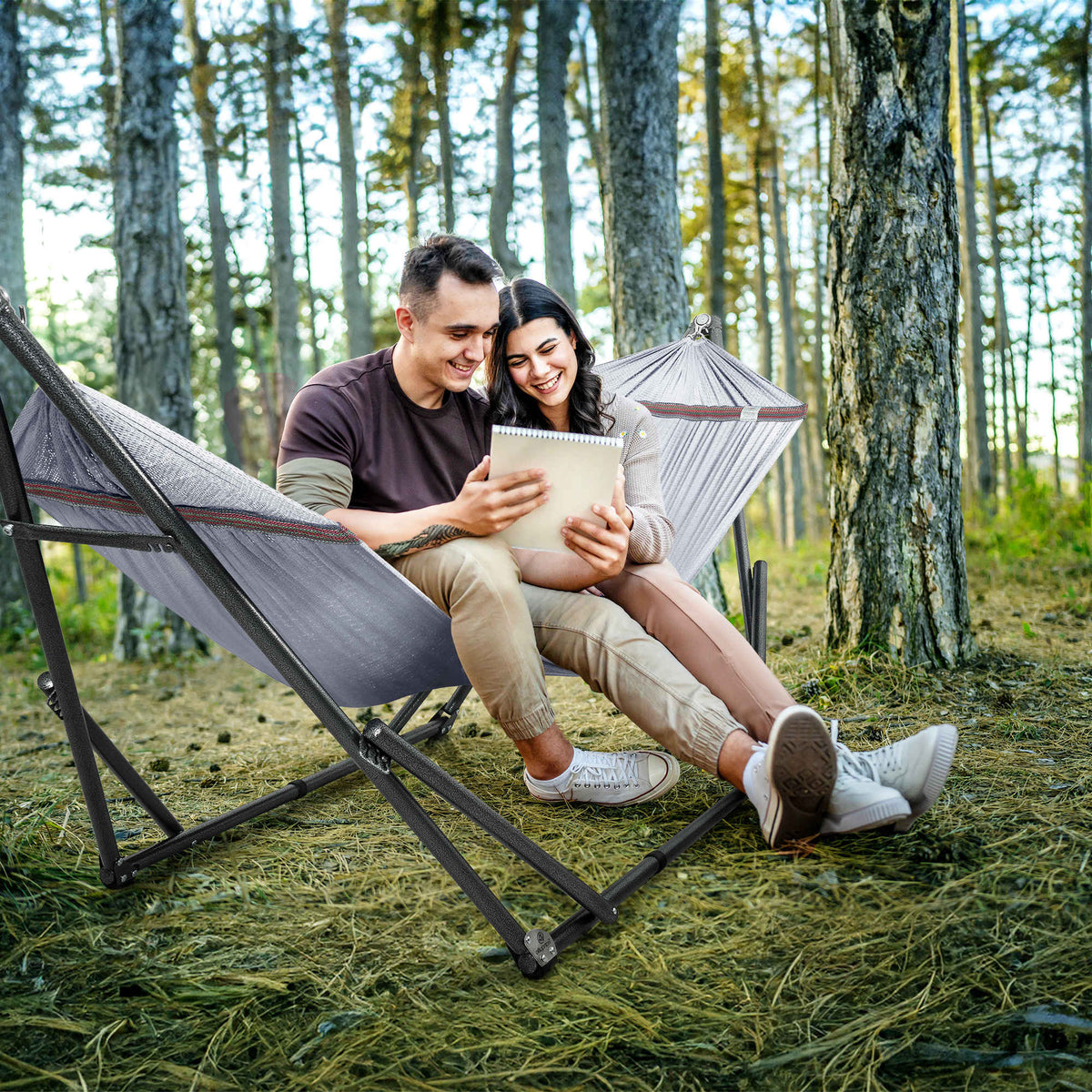Megsu Tranquillo universal hammock set with medium stands, black fabric, designed for ultimate relaxation and outdoor comfort.