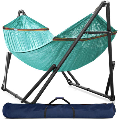 Megsu Tranquillo universal hammock set with medium stands, black fabric, perfect for relaxation and outdoor lounging.