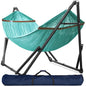 Megsu Tranquillo universal hammock set with medium stands, black fabric, perfect for relaxation and outdoor lounging.