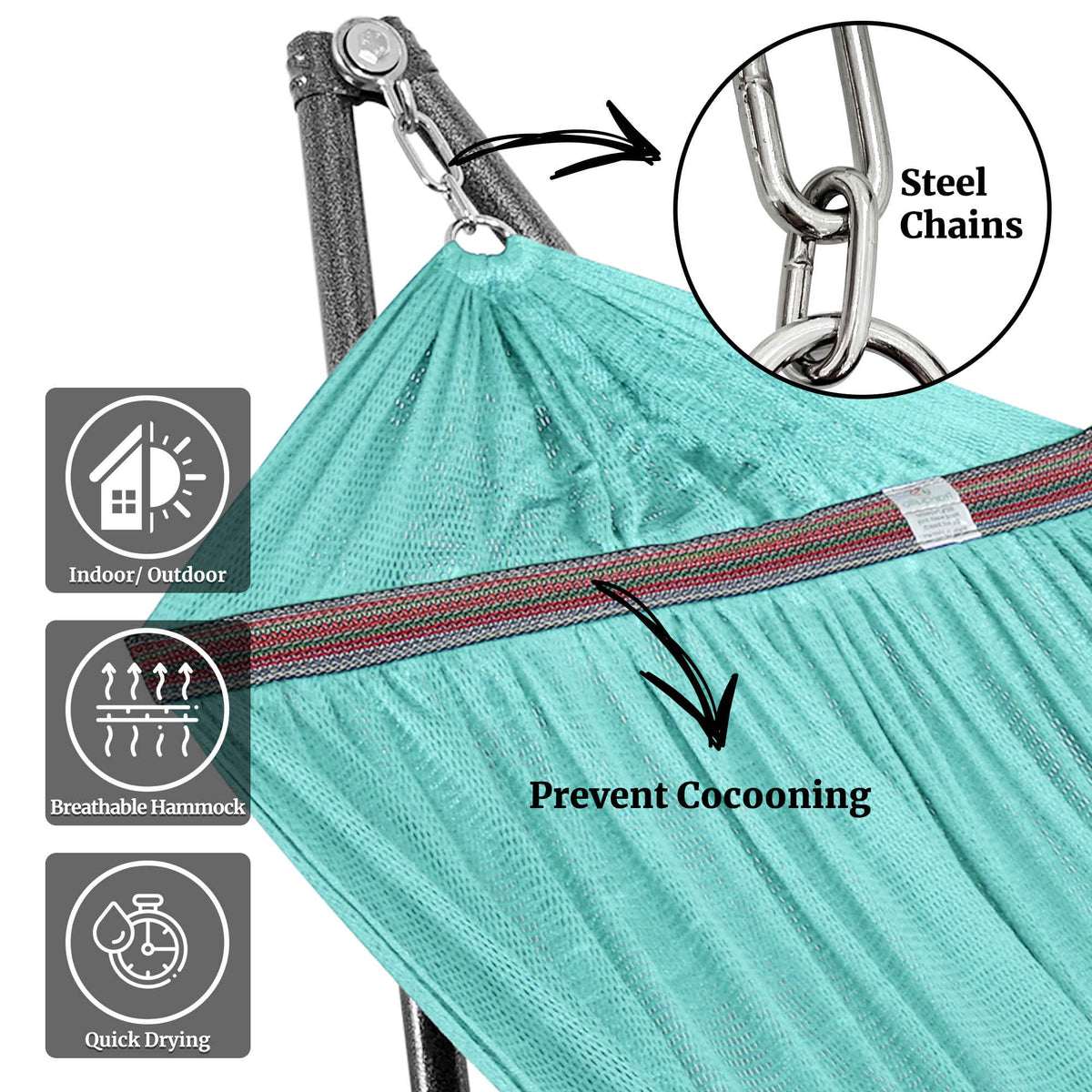 Megsu Tranquillo universal hammock set with medium-sized stand, black fabric, perfect for relaxation and outdoor lounging.