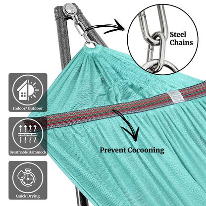 Megsu Tranquillo universal hammock set with medium-sized stand, black fabric, perfect for relaxation and outdoor lounging.