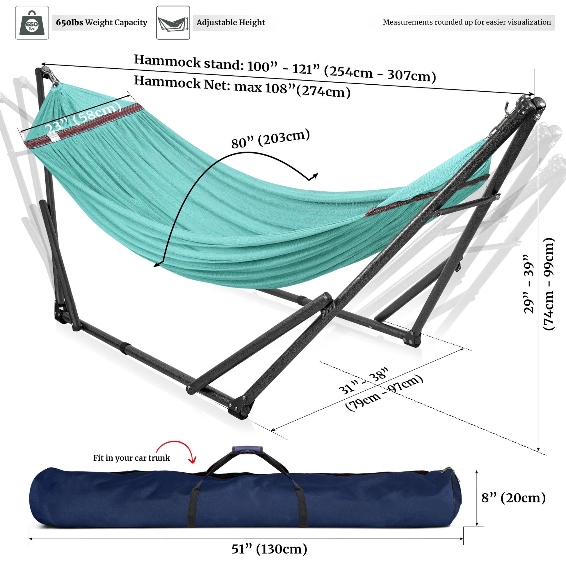 Megsu Tranquillo universal hammock set with medium stands, featuring a black hammock for relaxing outdoor or indoor use.