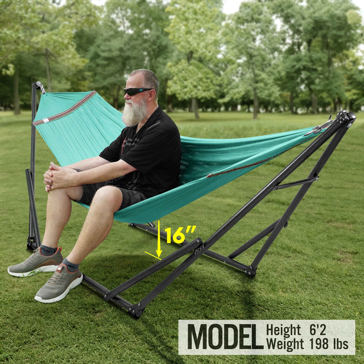 Megsu Tranquillo universal hammock set with medium-sized stands, featuring a black hammock for relaxing outdoor comfort.