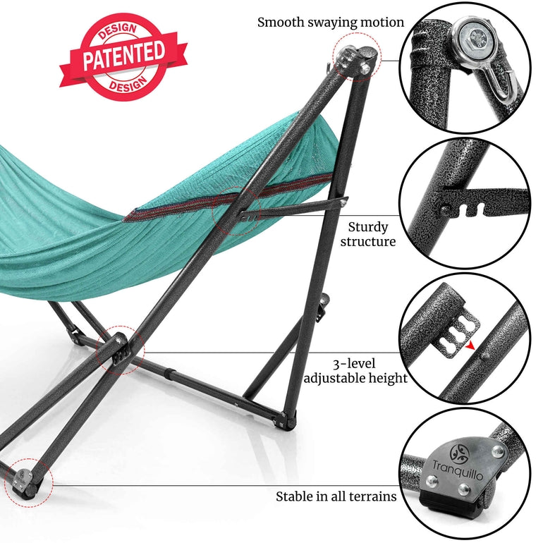 Megsu Tranquillo universal hammock set with medium stands, black fabric, ideal for relaxing outdoors or indoor lounging.