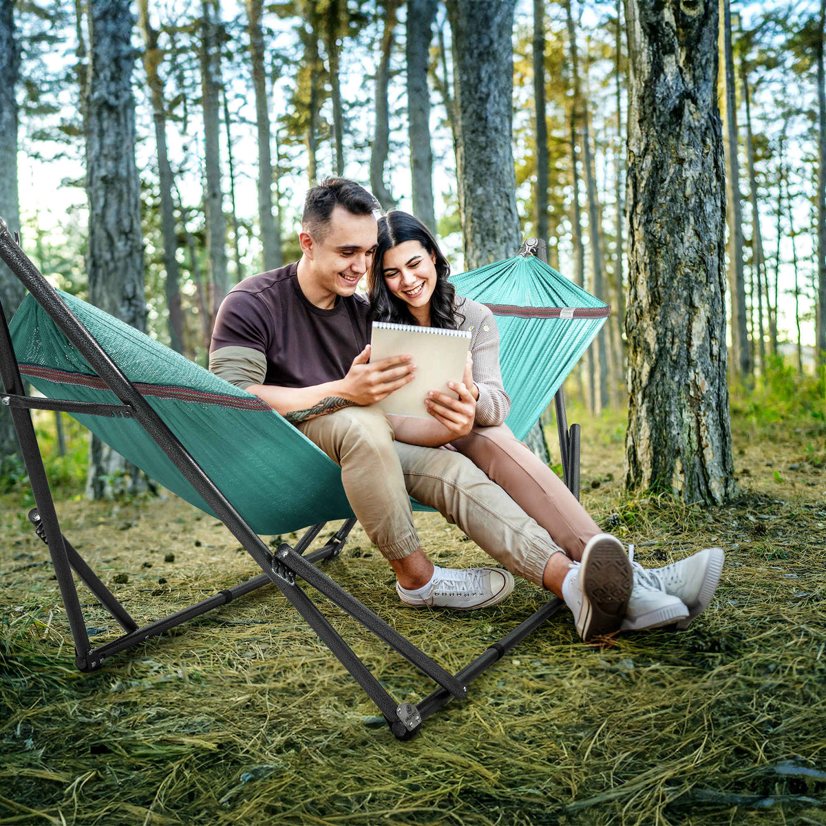 Megsu Tranquillo universal hammock set with medium stand, black fabric for relaxing outdoor or indoor lounging.