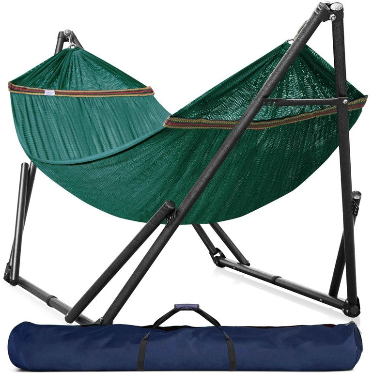 Megsu Tranquillo universal hammock full set with medium stands, black fabric, ideal for relaxation and outdoor lounging.