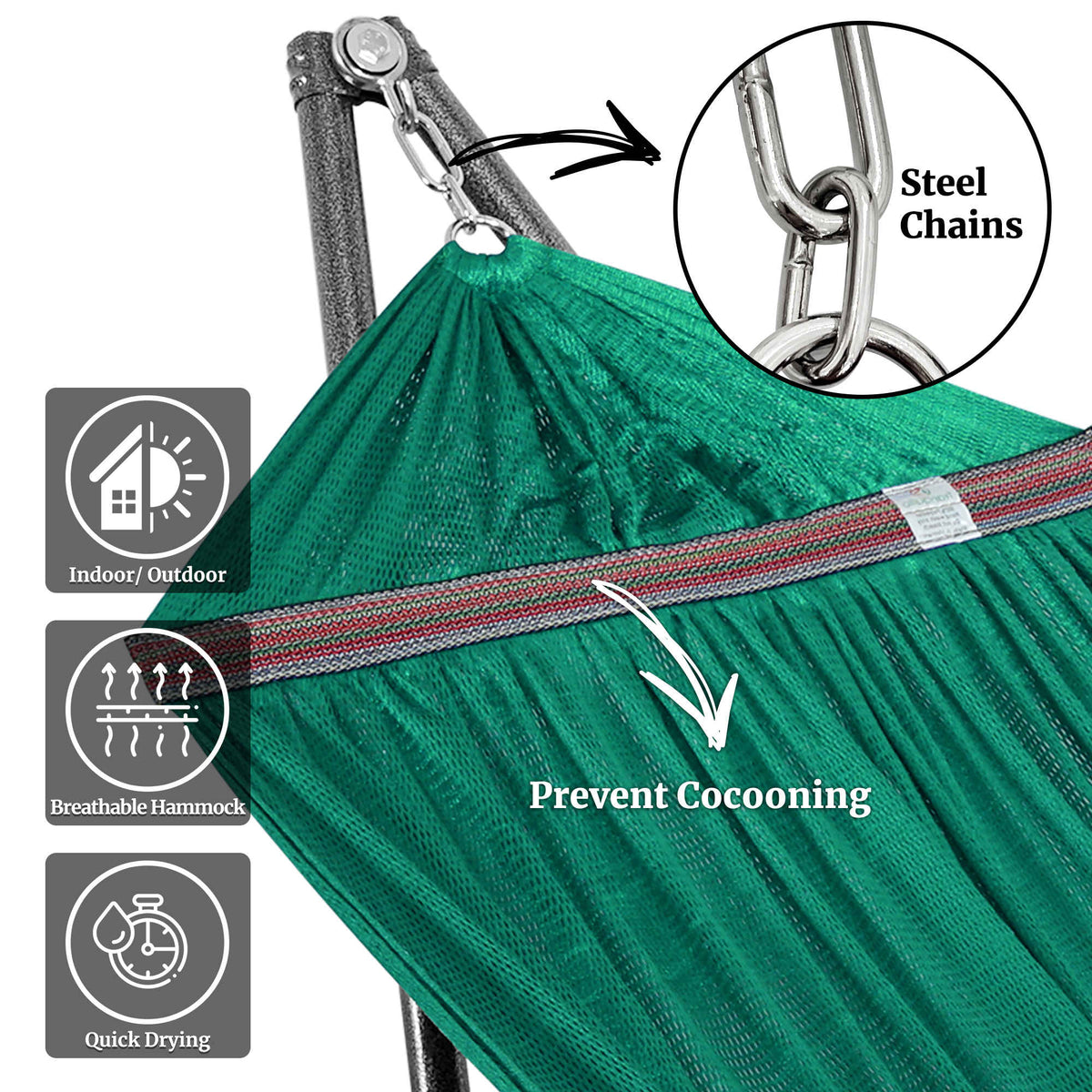 Megsu Tranquillo universal hammock full set with medium-sized stand, black fabric, perfect for relaxation and outdoor lounging.