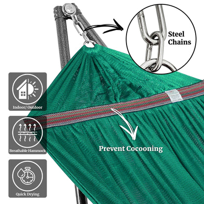 Megsu Tranquillo universal hammock full set with medium-sized stand, black fabric, perfect for relaxation and outdoor lounging.