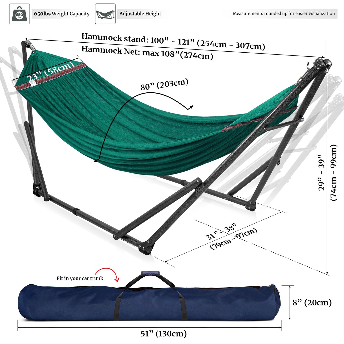 Megsu Tranquillo universal hammock set with medium-sized stands, featuring black hammock fabric for relaxing outdoor leisure.
