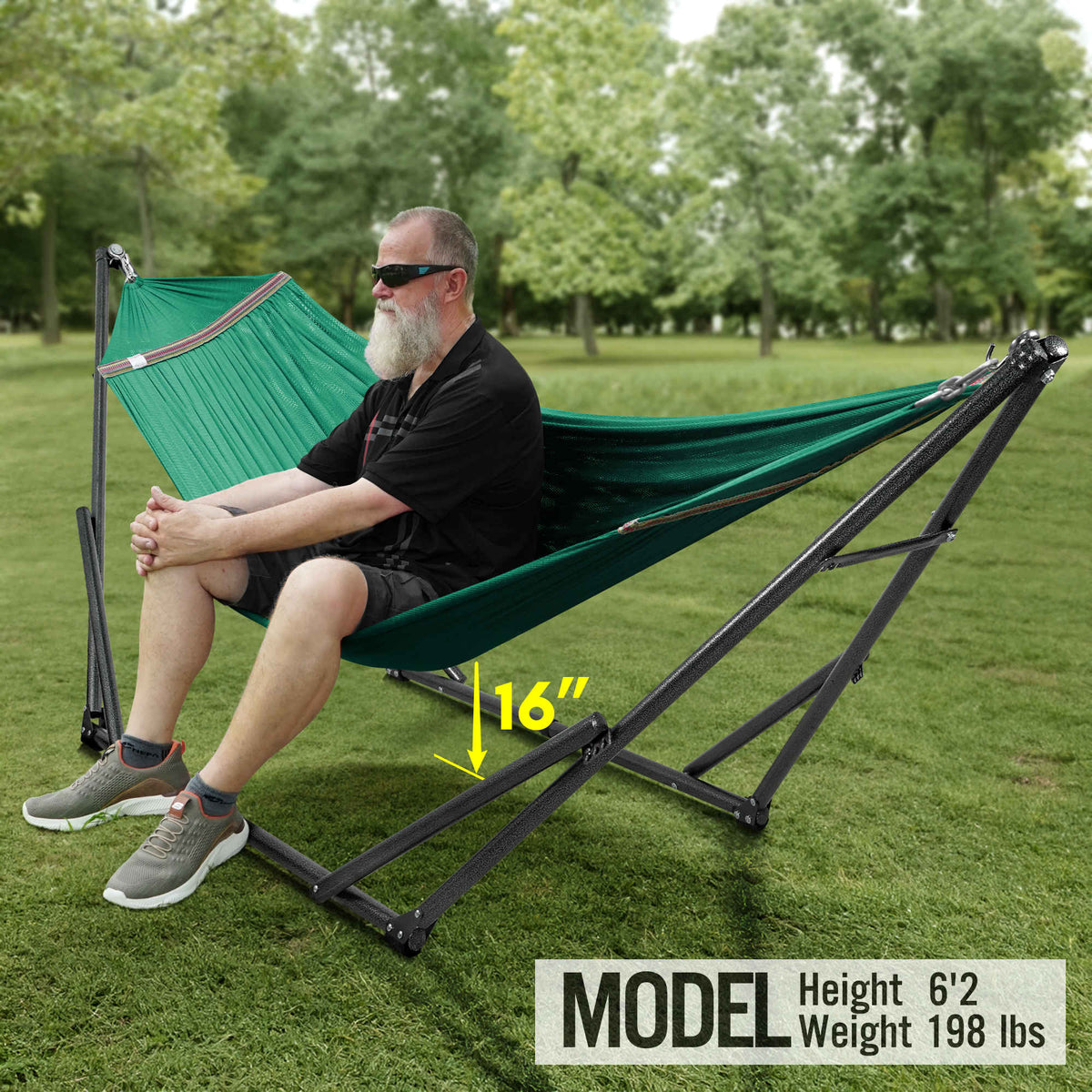 Megsu Tranquillo universal hammock set with medium stands, showcasing a black hammock perfect for relaxing outdoors.