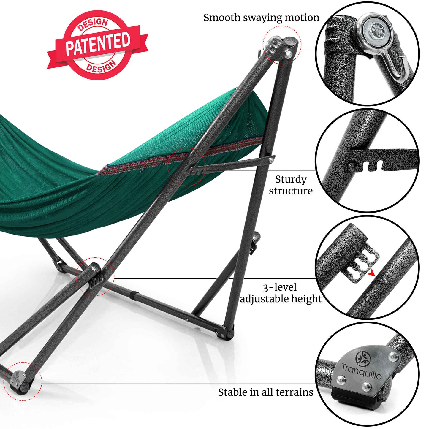 Megsu Tranquillo universal hammock full set with medium-size stand, black fabric, ideal for relaxing outdoor or indoor use.