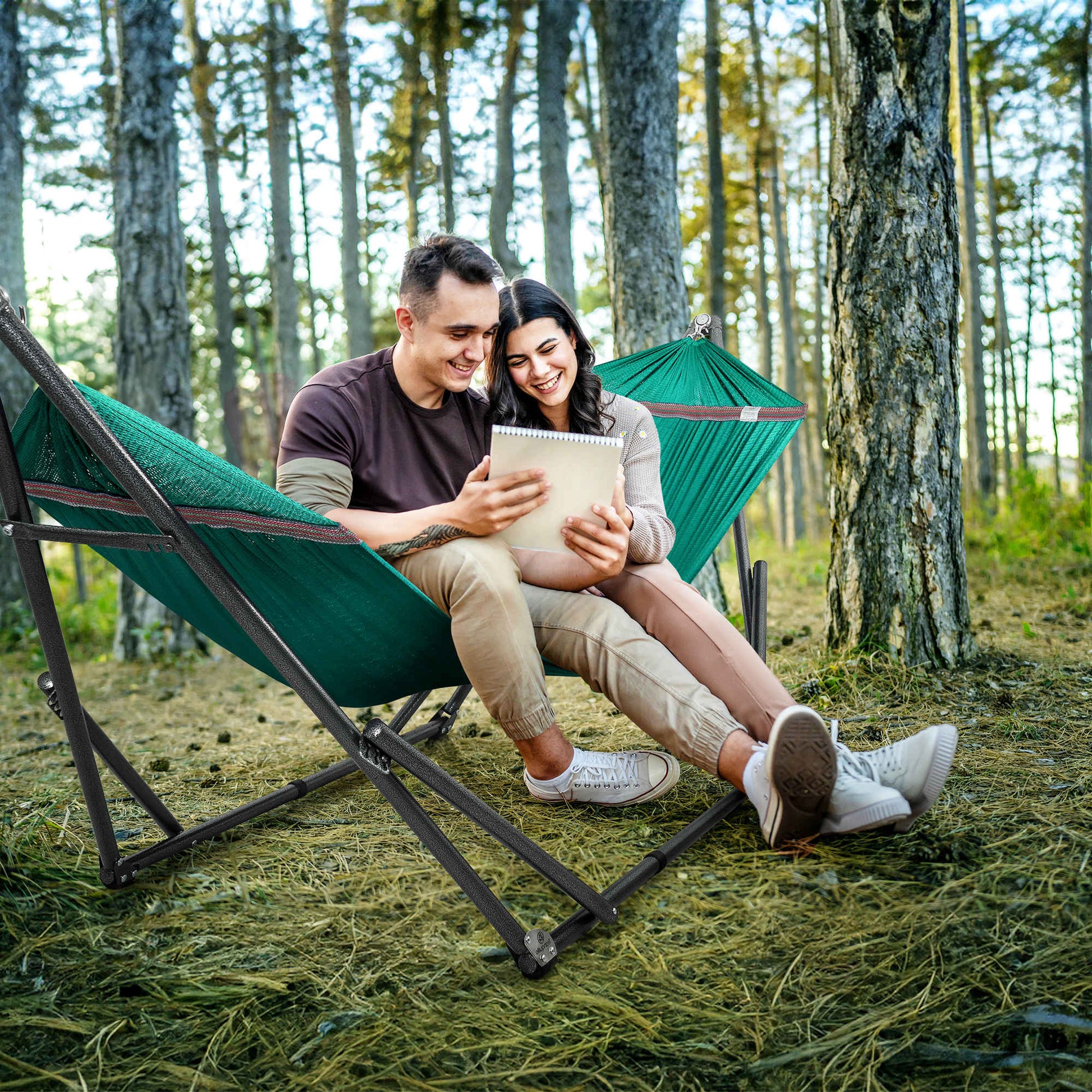 Megsu Tranquillo universal hammock set with medium stand, black fabric, designed for comfortable relaxation and outdoor use.