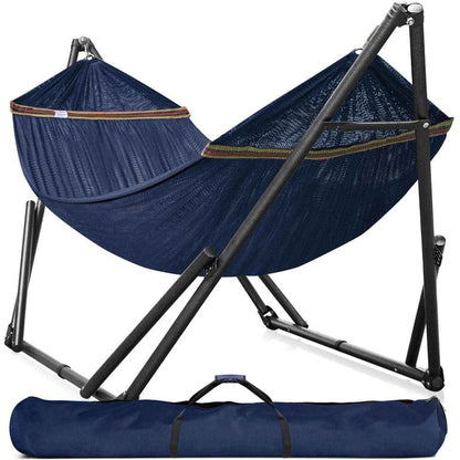 Megsu Tranquillo universal hammock full set with medium-sized stand, black color, perfect for relaxation and outdoor use.