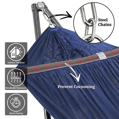 Megsu Tranquillo hammock full set with medium stands, black fabric, ideal for ultimate relaxation and versatile outdoor lounging.