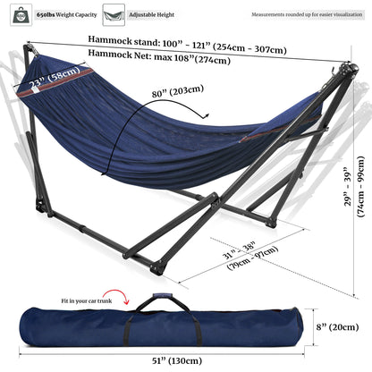 Megsu Tranquillo universal hammock set with medium-sized stand, black fabric, perfect for relaxation and outdoor use.