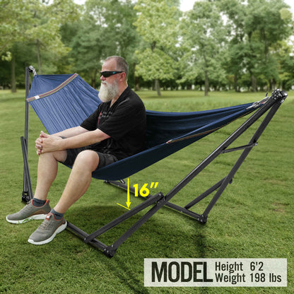 Megsu Tranquillo universal hammock full set with black fabric and medium-sized stands for relaxing outdoor lounging.
