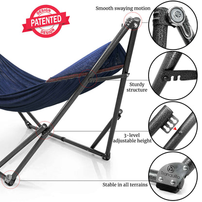 Megsu Tranquillo universal hammock set with medium stands, showcasing the black hammock and sturdy frame for relaxing outdoor use.