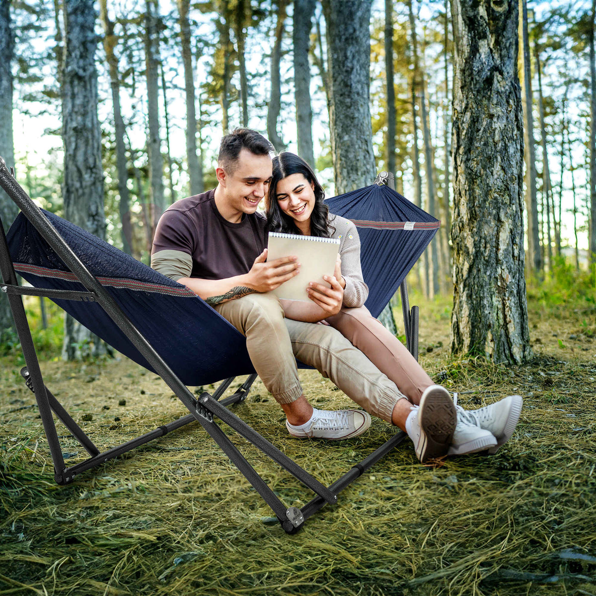 Megsu Tranquillo universal hammock full set with medium stands, black fabric, perfect for relaxing outdoor lounging.