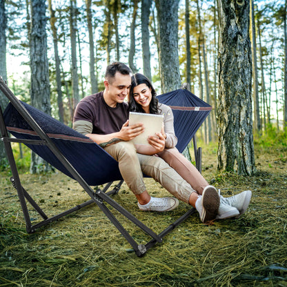 Megsu Tranquillo universal hammock full set with medium stands, black fabric, perfect for relaxing outdoor lounging.