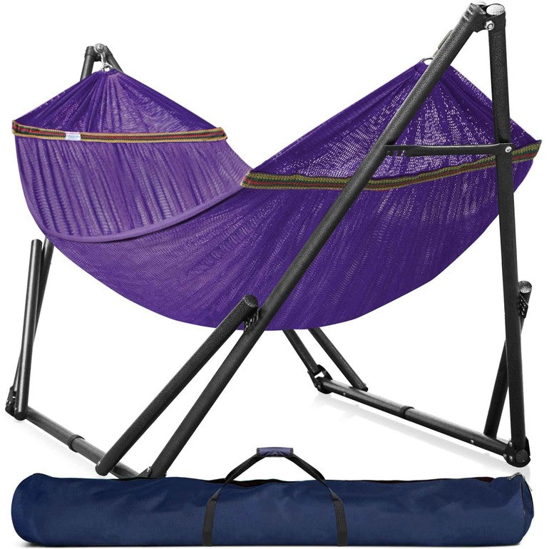 Megsu Tranquillo universal hammock full set with black fabric and medium-sized stand, perfect for relaxing outdoors or indoor leisure.