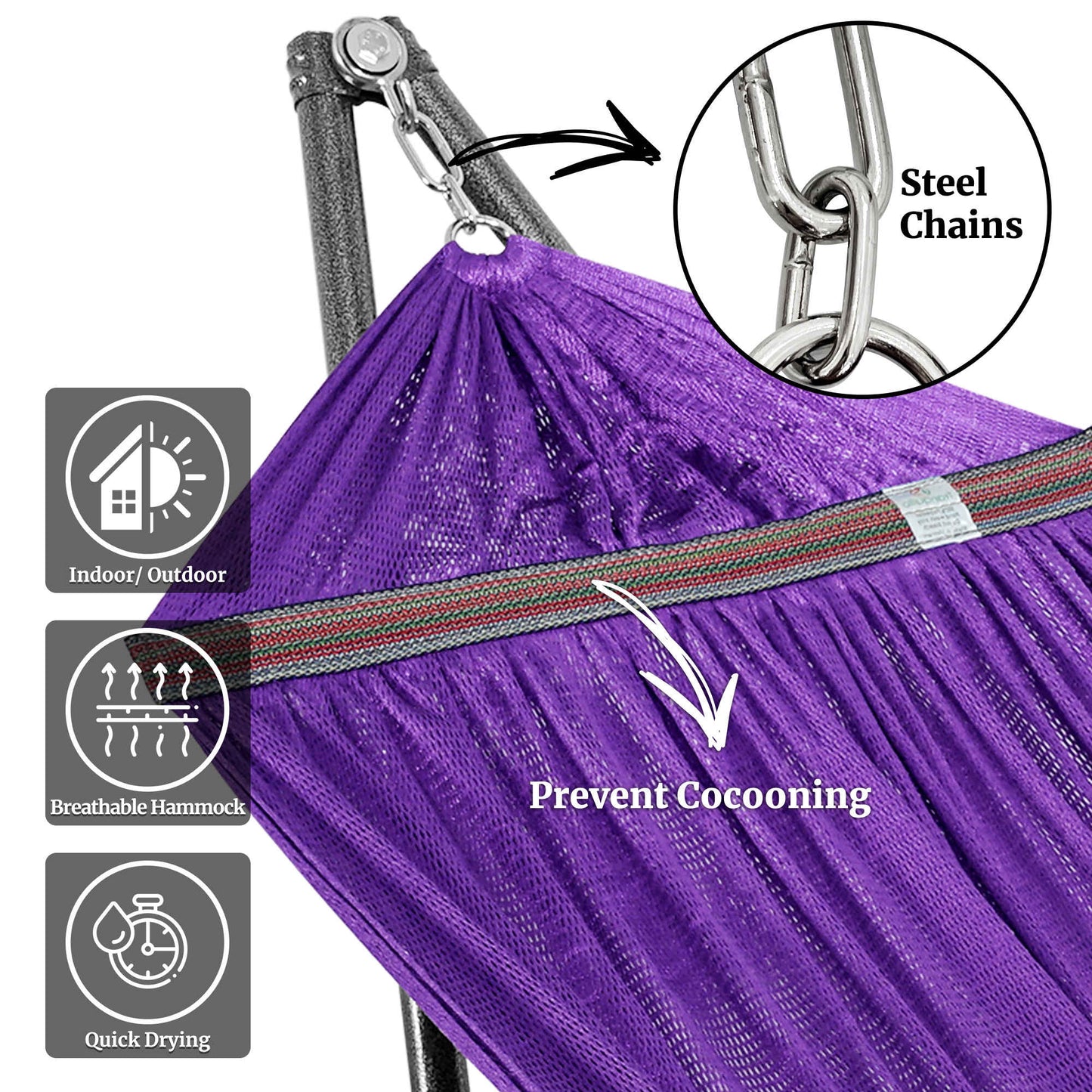 Megsu Tranquillo universal hammock full set with medium-sized stands, black fabric, perfect for relaxation and outdoor lounging.