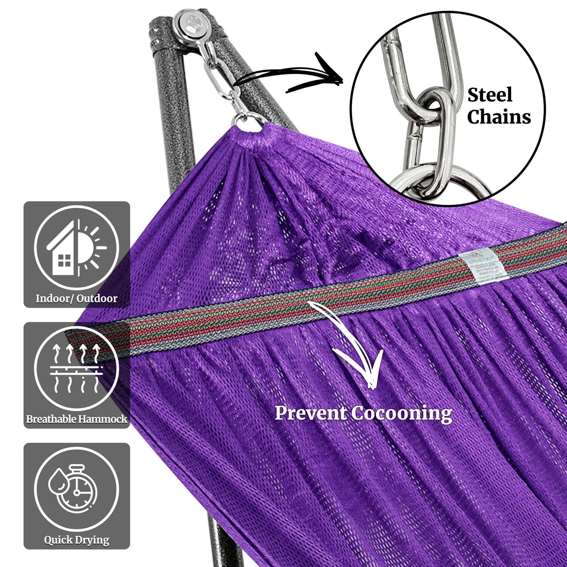 Megsu Tranquillo universal hammock full set with medium-sized stands, black fabric, perfect for relaxation and outdoor lounging.
