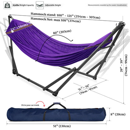 Megsu Tranquillo universal hammock full set with medium size stand, black fabric, ideal for relaxing outdoor or indoor spaces.