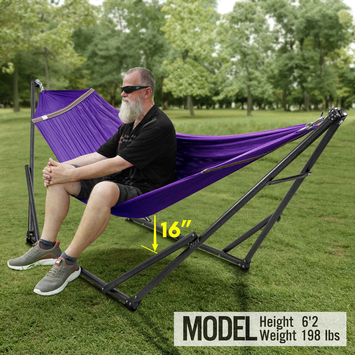 Megsu Tranquillo universal hammock set with medium stands, featuring black fabric and sturdy frame for relaxing outdoor lounging.