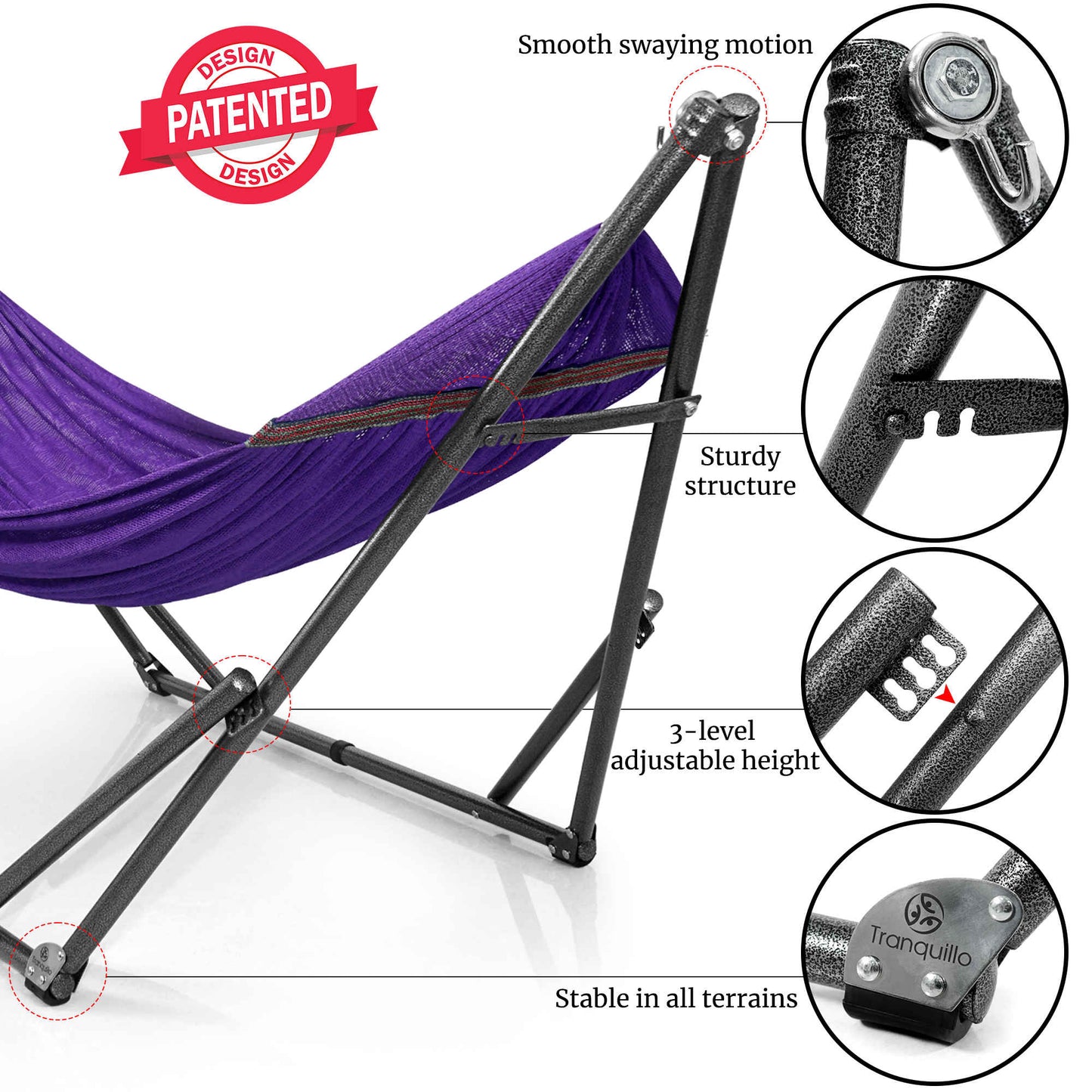 Megsu Tranquillo universal hammock set with medium stands, black fabric, perfect for relaxing outdoor or indoor lounging.