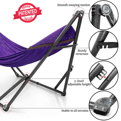 Megsu Tranquillo universal hammock set with medium stands, black fabric, perfect for relaxing outdoor or indoor lounging.