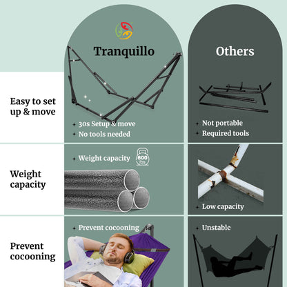 Megsu Tranquillo universal hammock full set with medium-sized stands, black fabric, perfect for relaxing outdoor or indoor use.