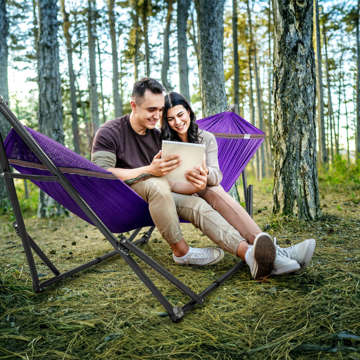 Megsu Tranquillo universal hammock full set with medium size stand, black fabric, perfect for relaxing outdoor or indoor lounging.