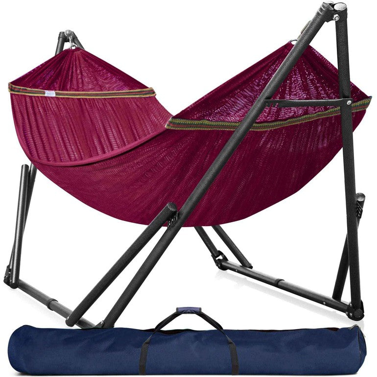 Megsu Tranquillo universal hammock full set with medium-sized stands, black fabric, perfect for relaxing outdoor or indoor use.