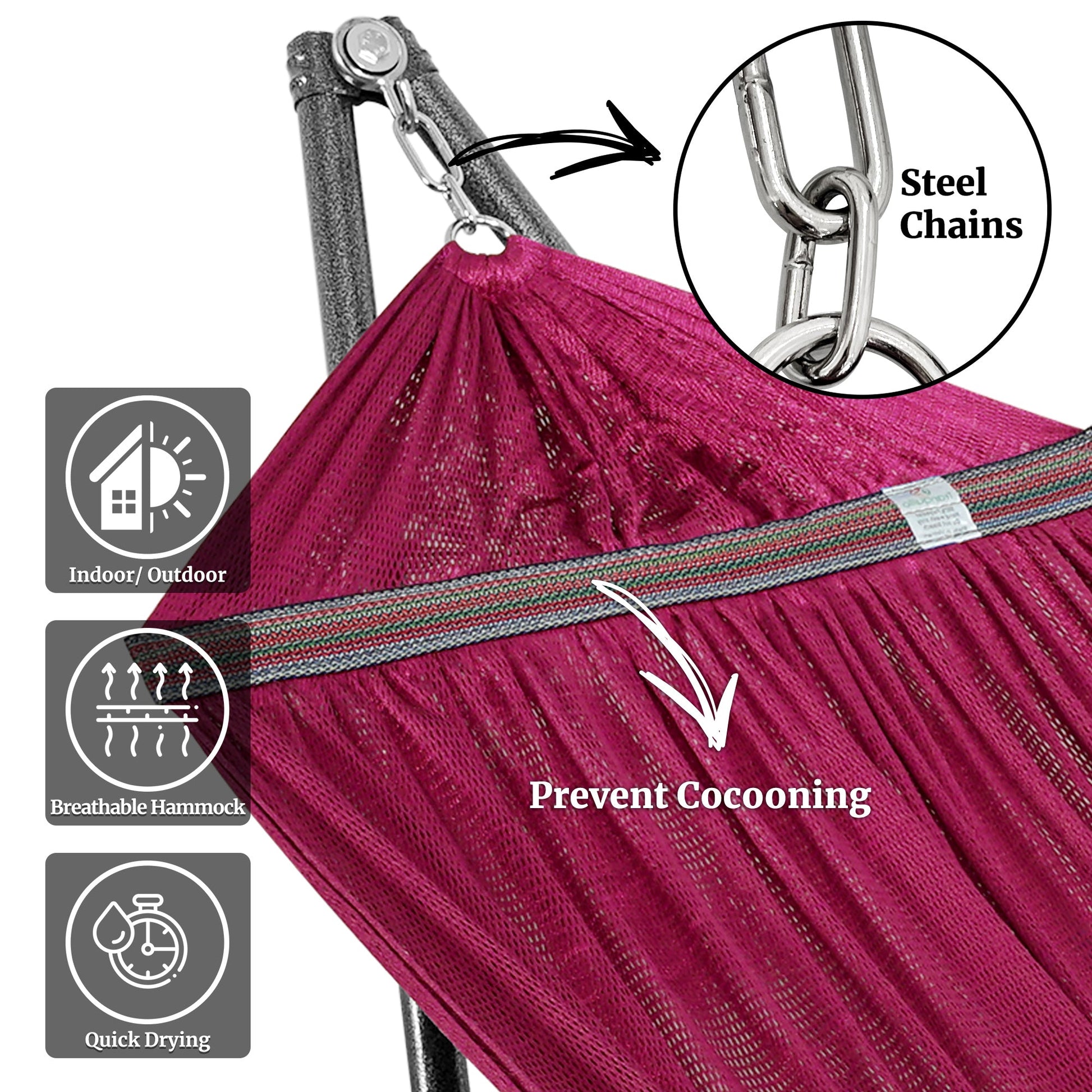 Megsu Tranquillo universal hammock set with medium-sized stand, black fabric, perfect for relaxing outdoors or indoor lounging.