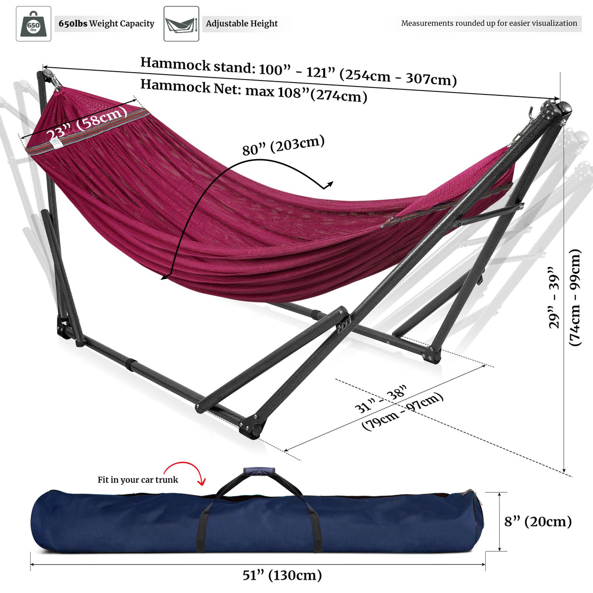 Black Megsu Tranquillo hammock full set with medium stands, showcasing a comfortable hammock designed for relaxation.