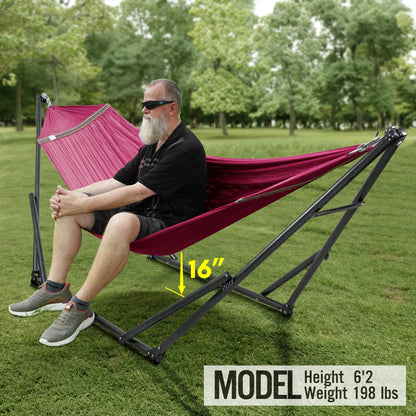 Megsu Tranquillo universal hammock with medium-sized stand, black fabric, set for relaxing outdoor lounging.