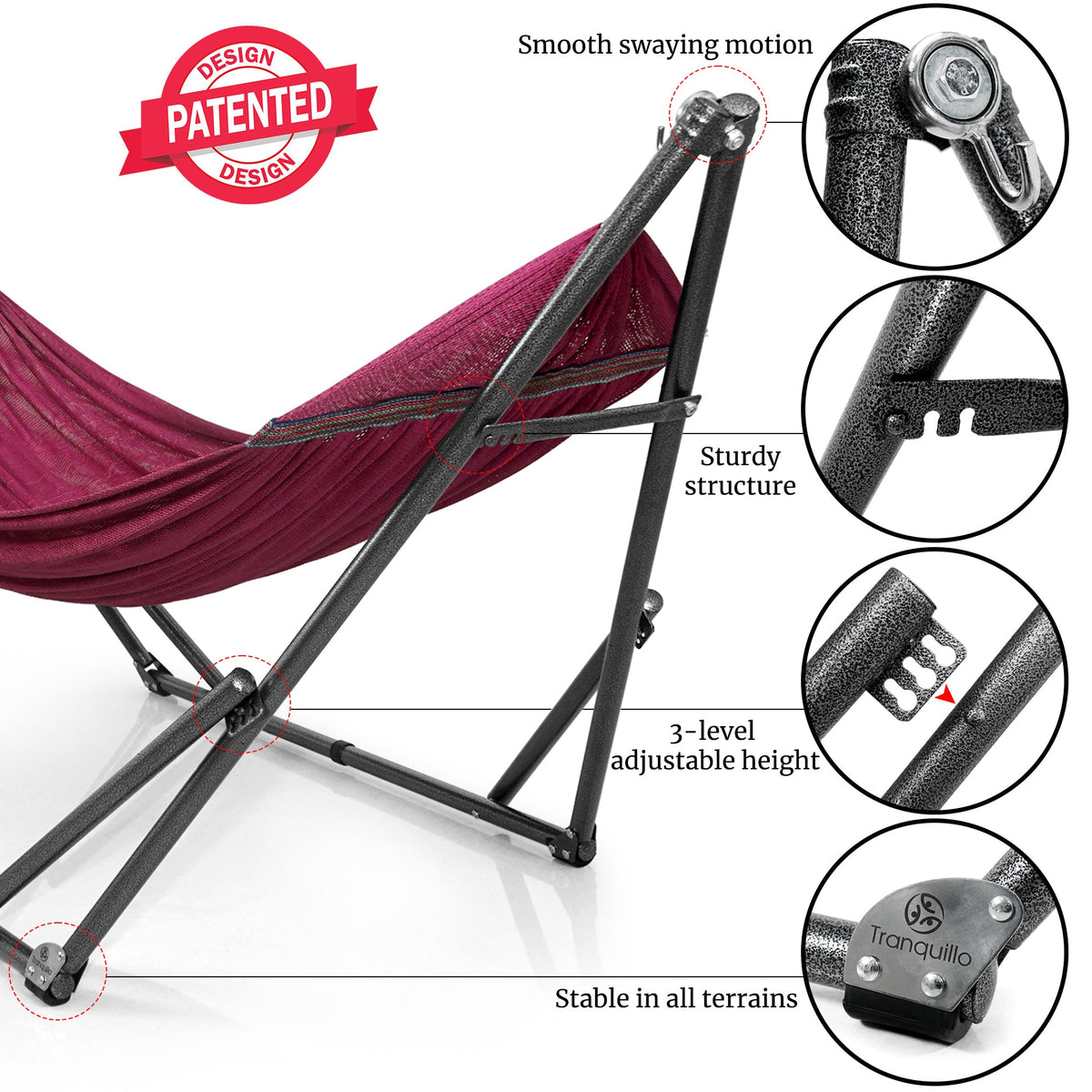 Megsu Tranquillo universal hammock set with medium stands, black fabric, perfect for relaxing and outdoor lounging.