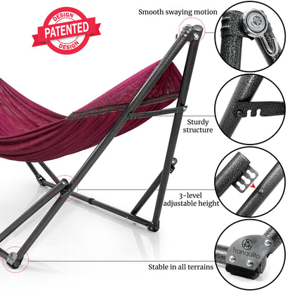 Megsu Tranquillo universal hammock set with medium stands, black fabric, perfect for relaxing and outdoor lounging.
