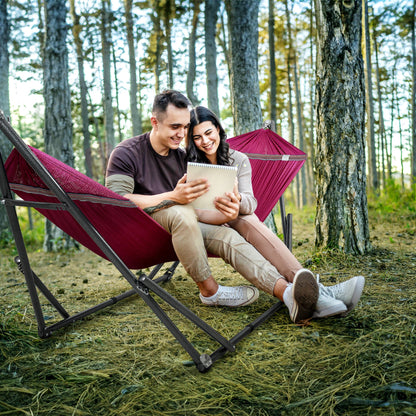 Megsu Tranquillo universal hammock full set with black fabric and medium-sized stand for relaxing outdoor or indoor use.